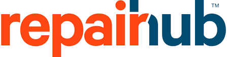 Repairhub Logo for automotive repair centers on a white background. Logos for Repairhub, Hub, and "U" signify excellence and personalized service. SCS Group values their commitment to quality and customer satisfaction.
