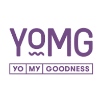 The image showcases the logo of "YOMG Yo My Goodness," an Australian burger house, with the letter "m" highlighted in purple on a white background. The logo represents the brand's vibrant identity and popularity in Melbourne, VIC.