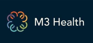 M3 Health logo against a dark background, featuring a vibrant design with a prominent circle at the center. The image signifies a company specializing in health services, where compassion meets quality healthcare. As a partner, SCS Group aligns with M3 Health's vision of providing welcoming and personalized care to valued patients.