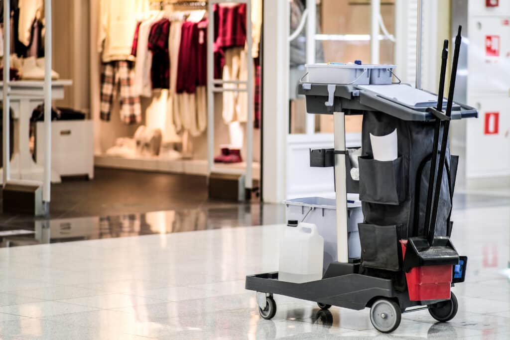 A well-stocked cleaning cart stands in a bustling shopping mall, while a confident woman oversees the operations. Nearby, a traveler's black bag rests on a luggage cart, and a table offers a jug of water for thirsty shoppers