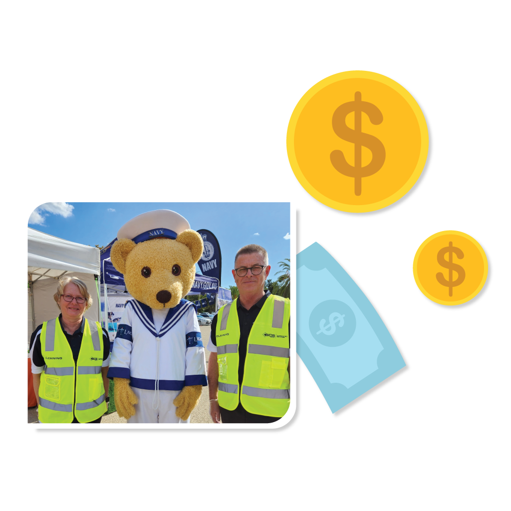 Two individuals stand beside a bear, with stacks of money visible, creating a striking and unusual scene