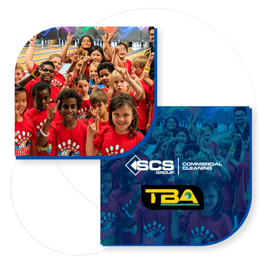 The TBA logo alongside a group of children in red shirts, representing the SCS Group - Bowl Patrol initiative.