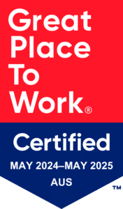 "Great Place to Work" logo displayed with red squares, representing a commitment to fostering an excellent workplace culture.