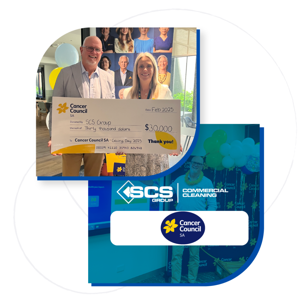 Two people smiling and holding a large check for $30,000 from Cancer Council SA. Logos of SCS Group and Cancer Council are visible in the design.