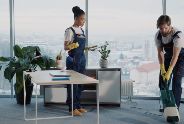 Professional cleaners performing office maintenance in a high-rise building, showcasing body corporate cleaning services
