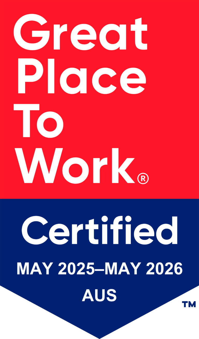 Great Place to Work Certified Australia badge for May 2025 to May 2026 in red and blue design.