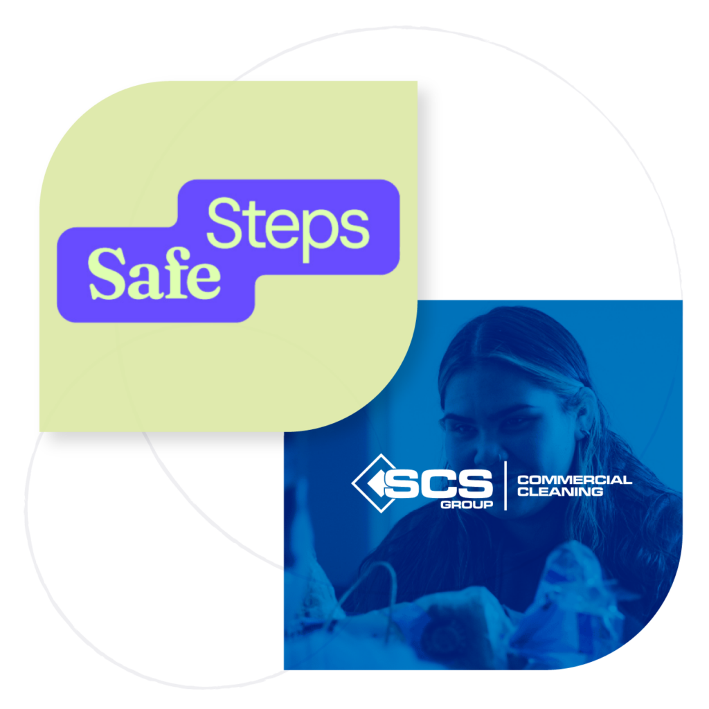 Safe Steps logo alongside SCS Group Commercial Cleaning branding with an image of a woman in blue tones working in the background.
