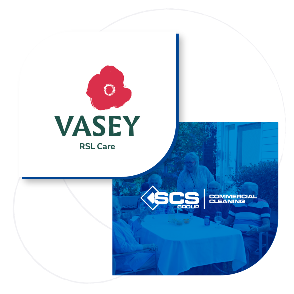 Vasey RSL Care logo with red poppy beside SCS Group Commercial Cleaning branding and an image of elderly people gathered at an outdoor table.