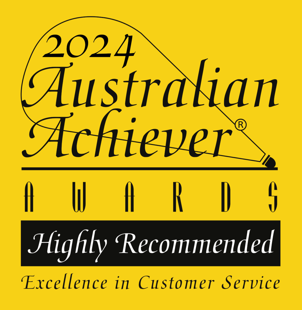 2024 Australian Achiever Awards logo on a yellow background, featuring a paintbrush graphic and the text "Highly Recommended: Excellence in Customer Service."