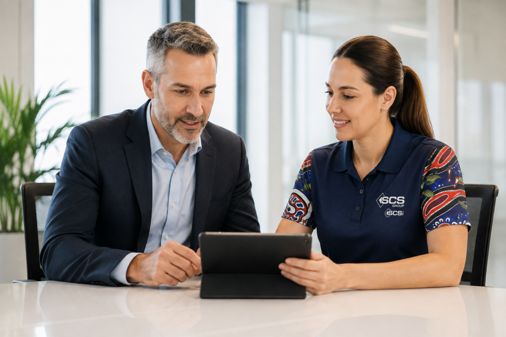 SCS Group representative reviewing a tablet with a client in a modern office meeting room