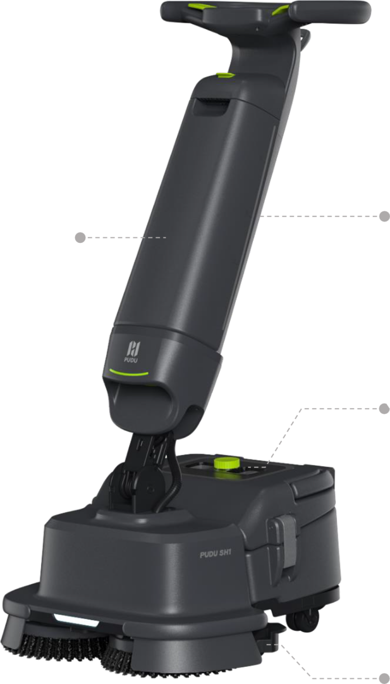 Pudu SH1 handheld floor scrubber with adjustable handle, control panel, and dual scrub brushes, shown against a white background